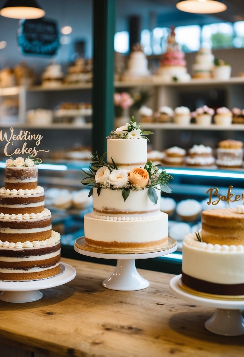 A quaint local bakery with a display of beautifully decorated wedding cakes