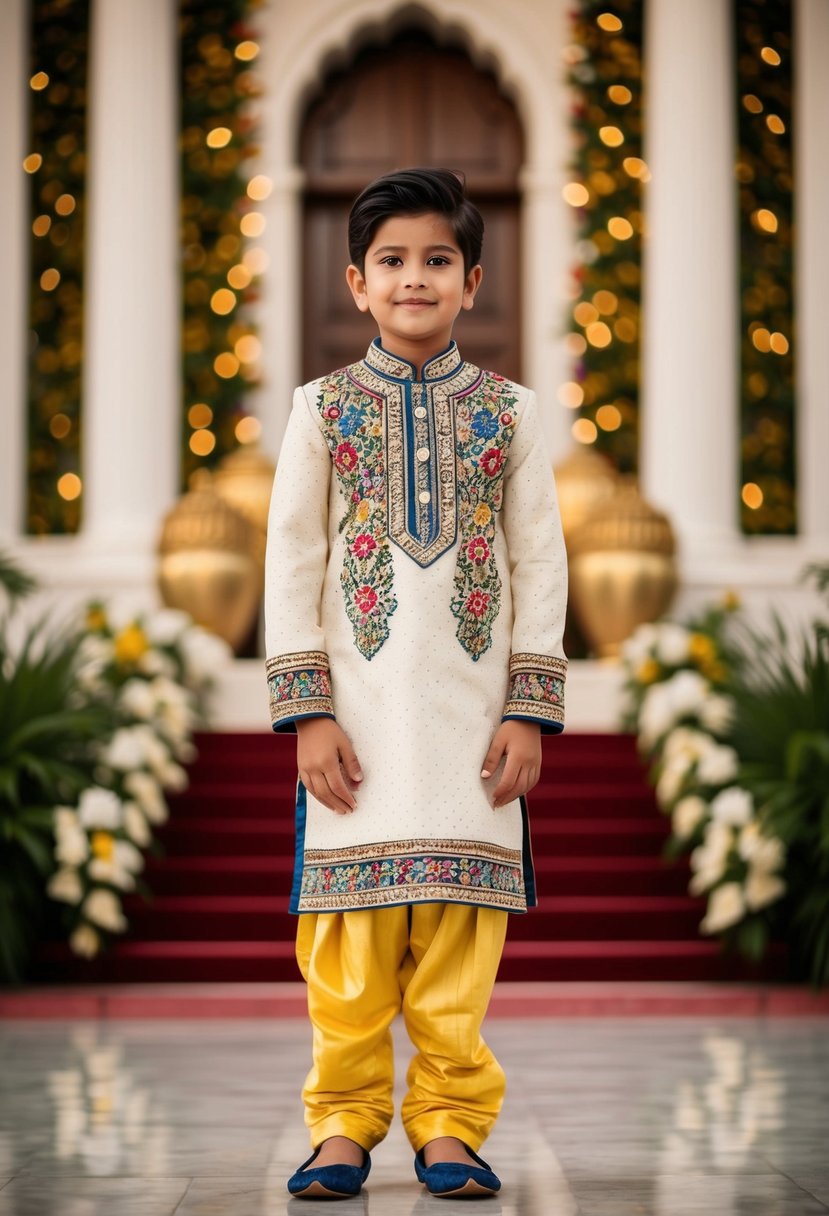 A young boy wearing a traditional kurta pajama set, adorned with intricate embroidery and vibrant colors, standing in front of a grand wedding venue