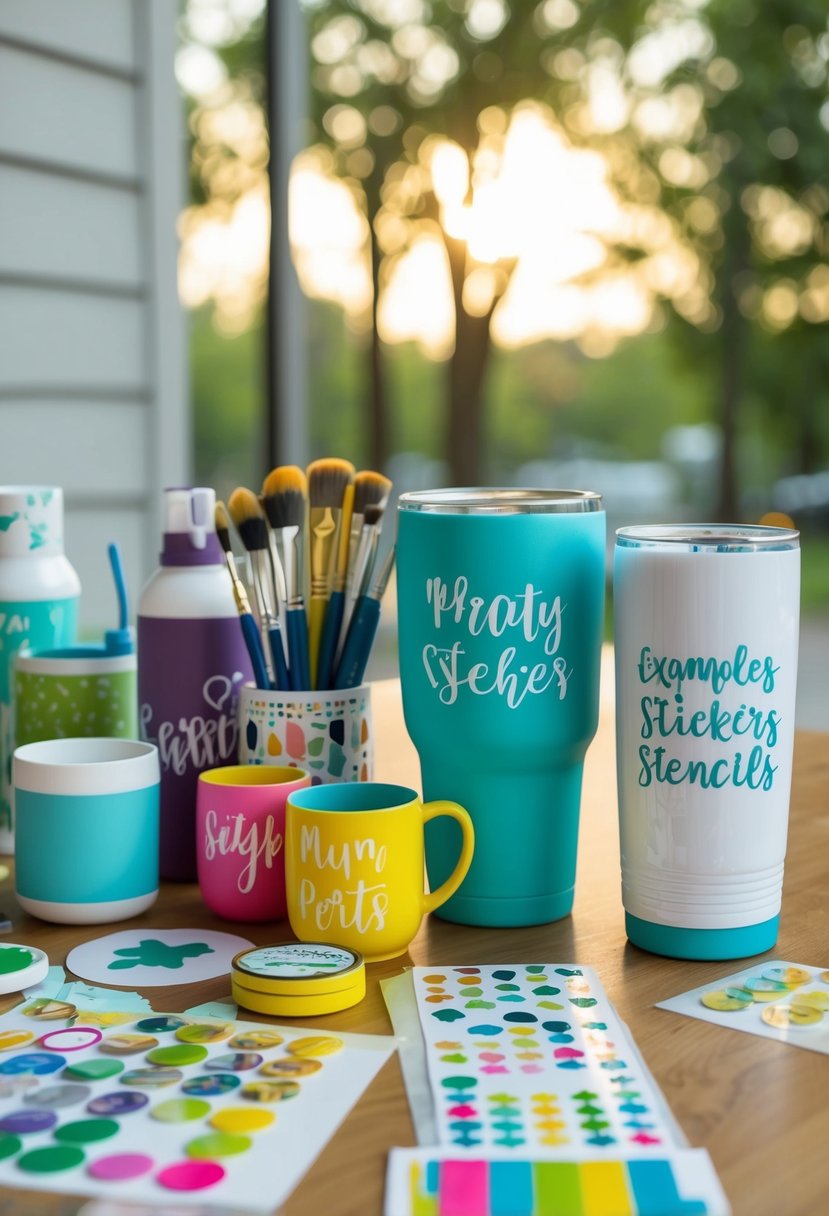 A table set with various crafting supplies: paint, brushes, stickers, and stencils. A personalized tumbler and mug sit nearby as examples