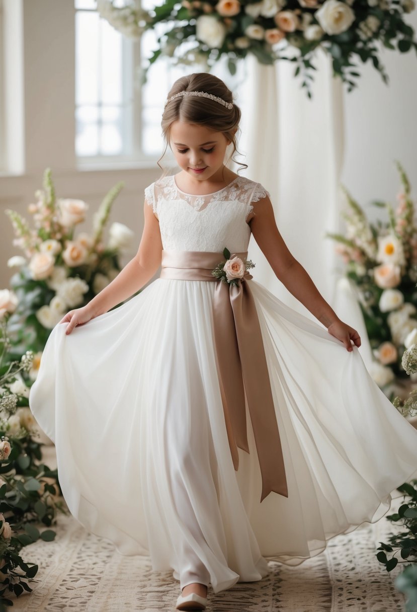 A young girl twirls in a flowing chiffon dress with a satin sash, surrounded by flowers and lace, evoking a traditional wedding atmosphere