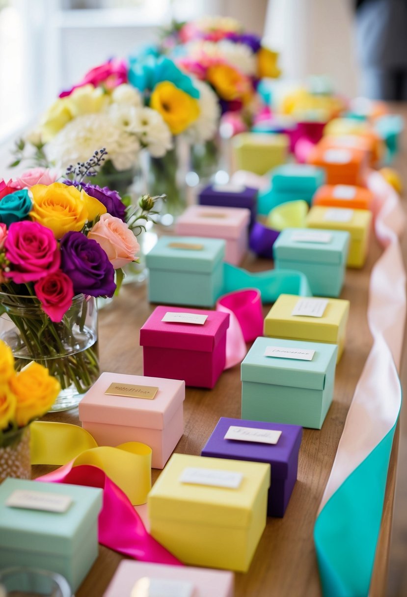 A table filled with colorful ribbons, personalized trinkets, and pretty boxes for bridesmaids