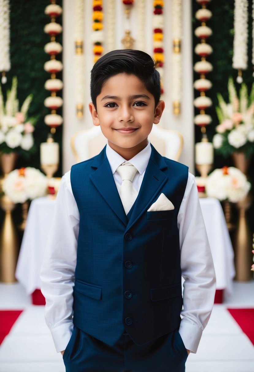 A young boy in a tailored vest suit, standing in front of traditional wedding decor