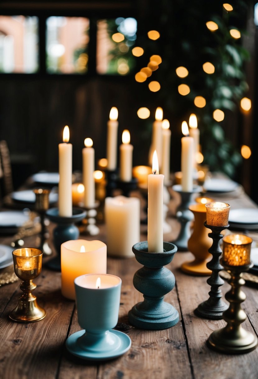 A variety of mismatched candleholders are arranged on a rustic wooden table, creating an eclectic and charming centerpiece for a DIY wedding