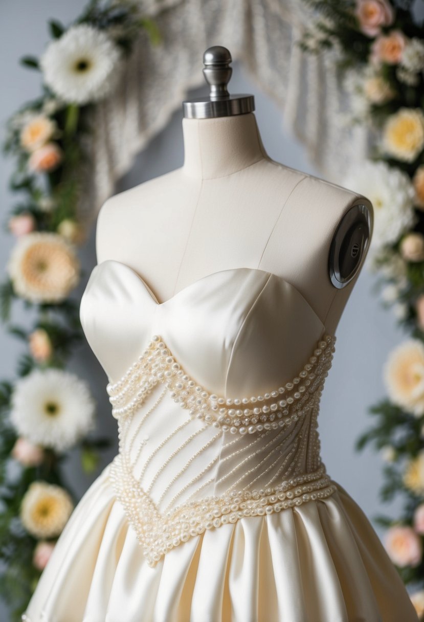 An ivory satin dress adorned with delicate pearl details, set against a backdrop of lace and floral accents