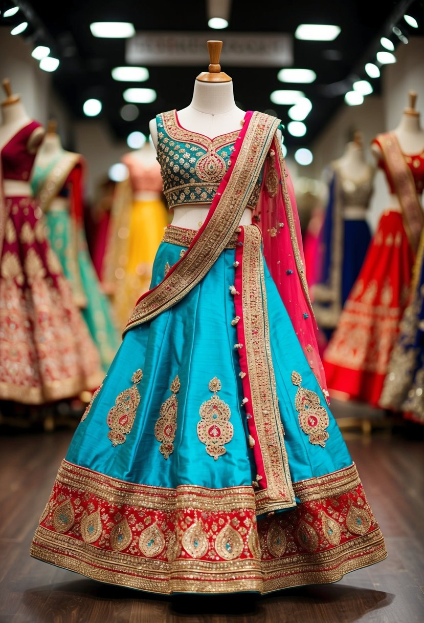 A colorful brocade lehenga set displayed on a mannequin. Rich embroidery and intricate details. Traditional wedding attire for young girls