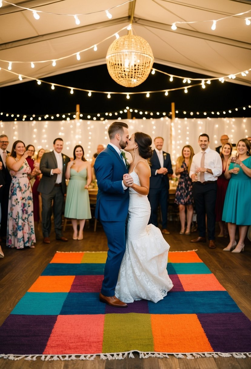 A colorful thrifted rug serves as the dance floor at a DIY wedding, surrounded by twinkling lights and joyful guests