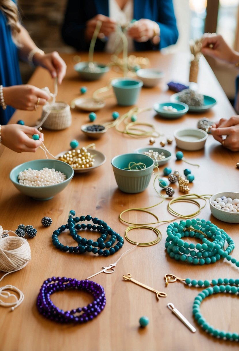 A table with various beads, strings, and tools for making bracelets for the bridal party