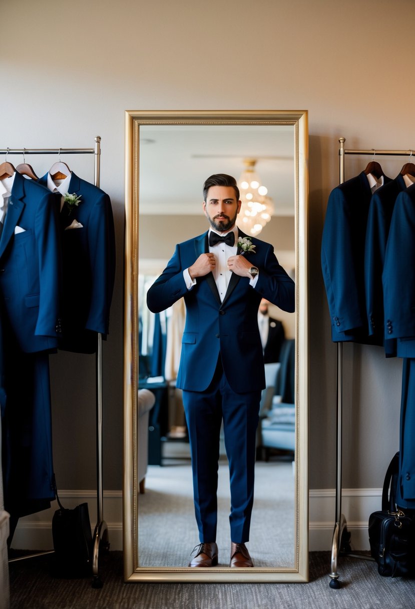 A dapper groom adjusts his suit in front of a full-length mirror, surrounded by racks of stylish suits and accessories