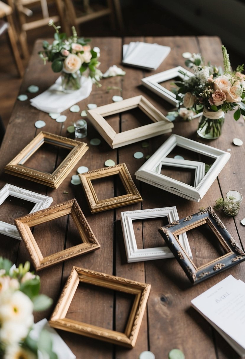 A collection of mismatched thrifted frames arranged on a rustic wooden table, surrounded by scattered DIY wedding decor and floral arrangements