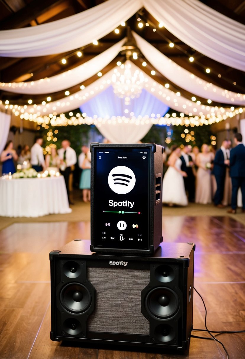 A wedding reception with a Spotify playlist playing on a speaker system, surrounded by DIY decorations and a dance floor