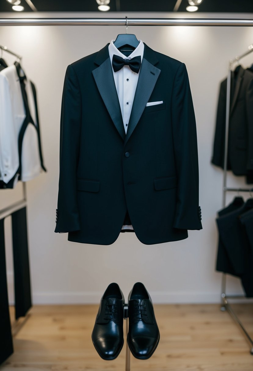 A black tuxedo, white dress shirt, and black shoes arranged neatly on a hanger