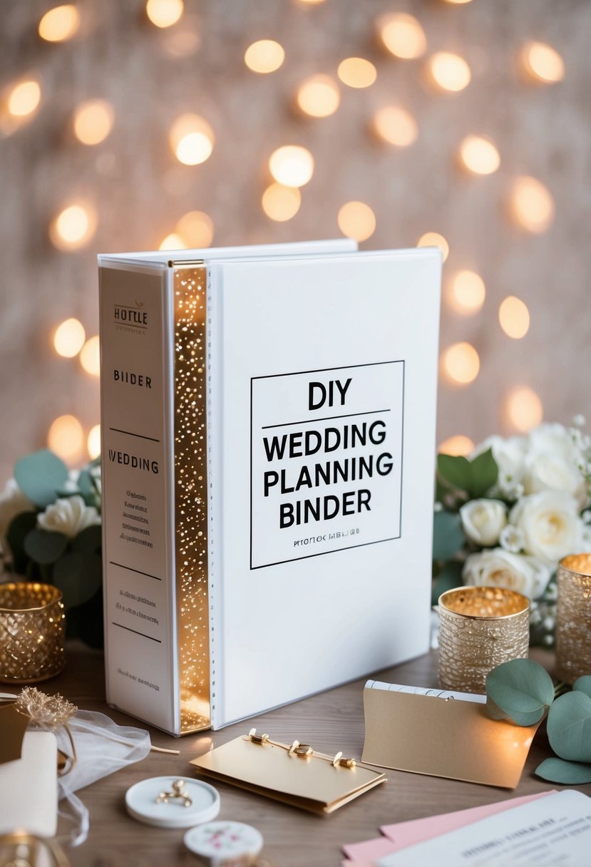 A wedding planning binder surrounded by DIY wedding decor and tips