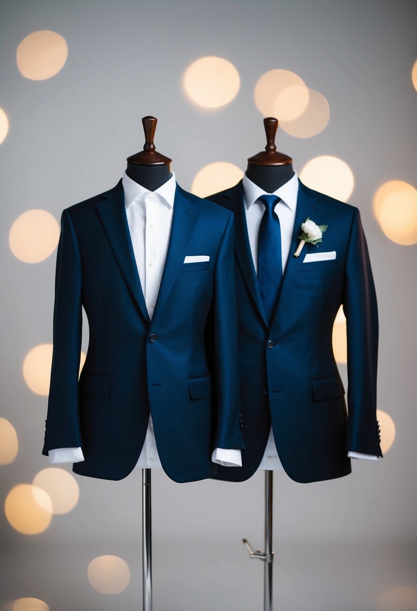 A navy suit and white shirt arranged for a modern wedding look