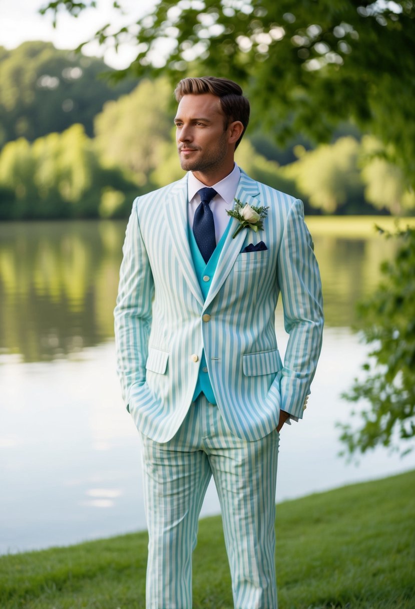 A dapper seersucker suit stands out against a backdrop of serene water and lush greenery at a summer wedding