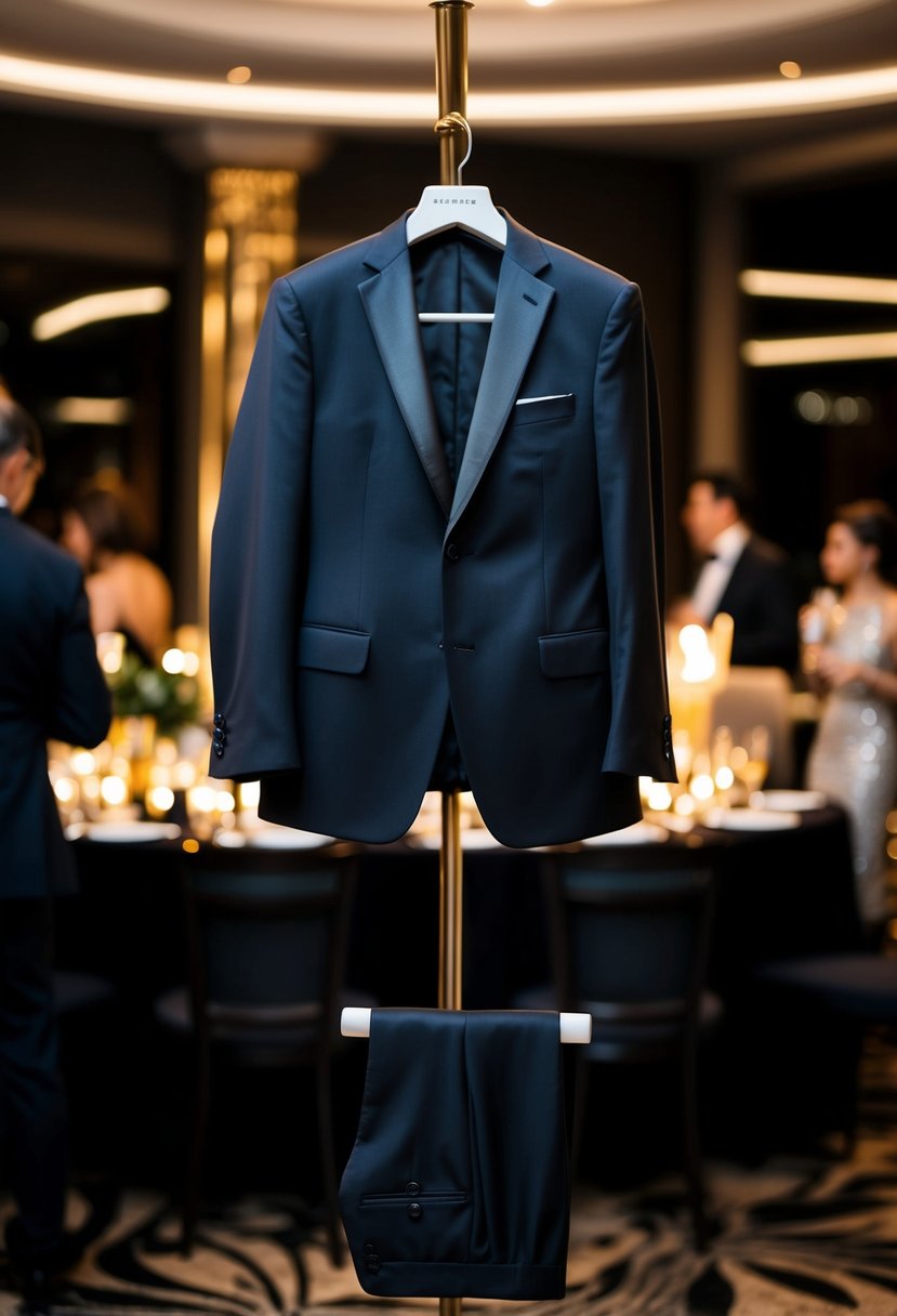 A sleek, dark suit on a hanger, set against a backdrop of elegant, dimly lit cocktail party ambiance