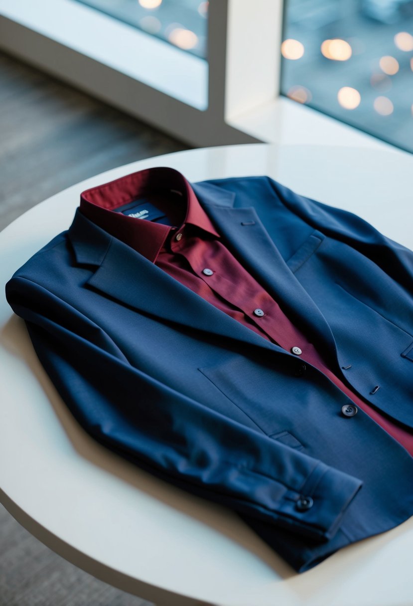 A maroon shirt paired with a navy suit, laid out on a clean, modern surface