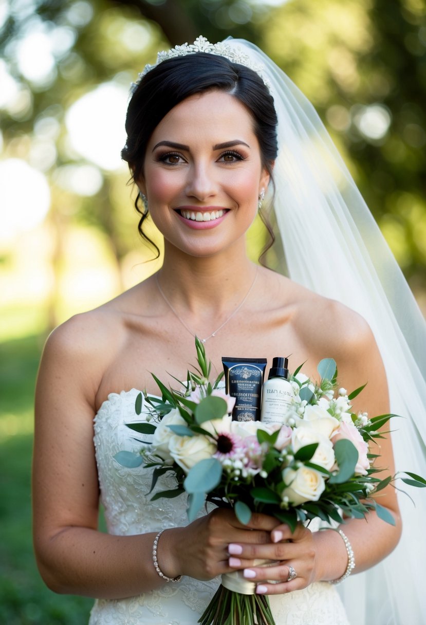 A bride holding a small pouch with period products discreetly tucked into her bridal bouquet. She smiles, feeling prepared and confident for her wedding day