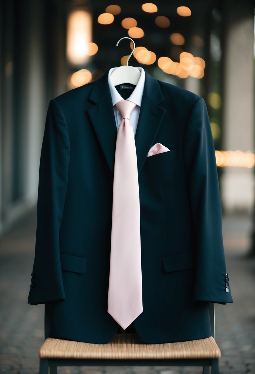 A dark suit with a pale pink tie draped over a chair