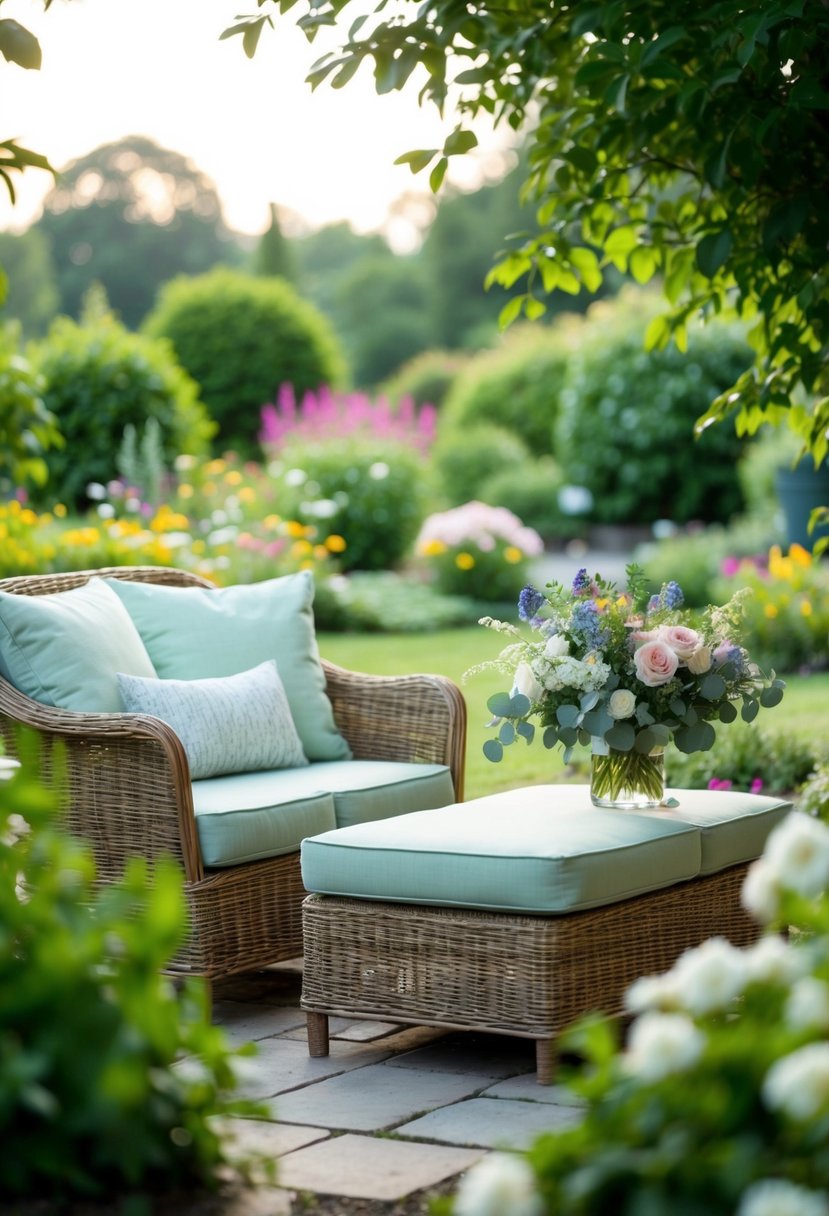 A serene garden with a cozy seating area, a bouquet of flowers, and a calming view of nature