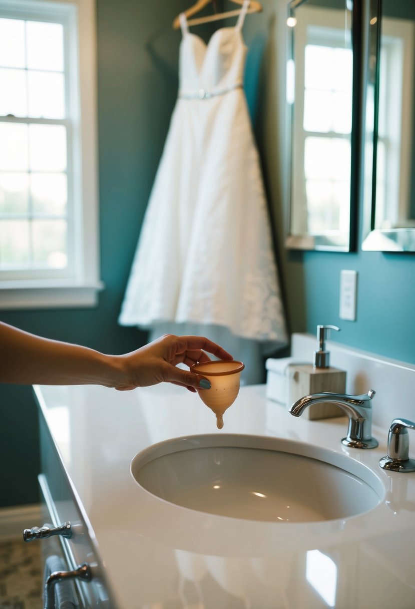 A woman's hand reaches for a menstrual cup on a bathroom counter, with a wedding dress hanging in the background