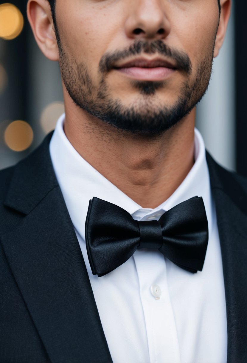 A sleek black bow tie perfectly complements a crisp white dress shirt and tailored suit jacket, adding a touch of sophistication to the formal attire