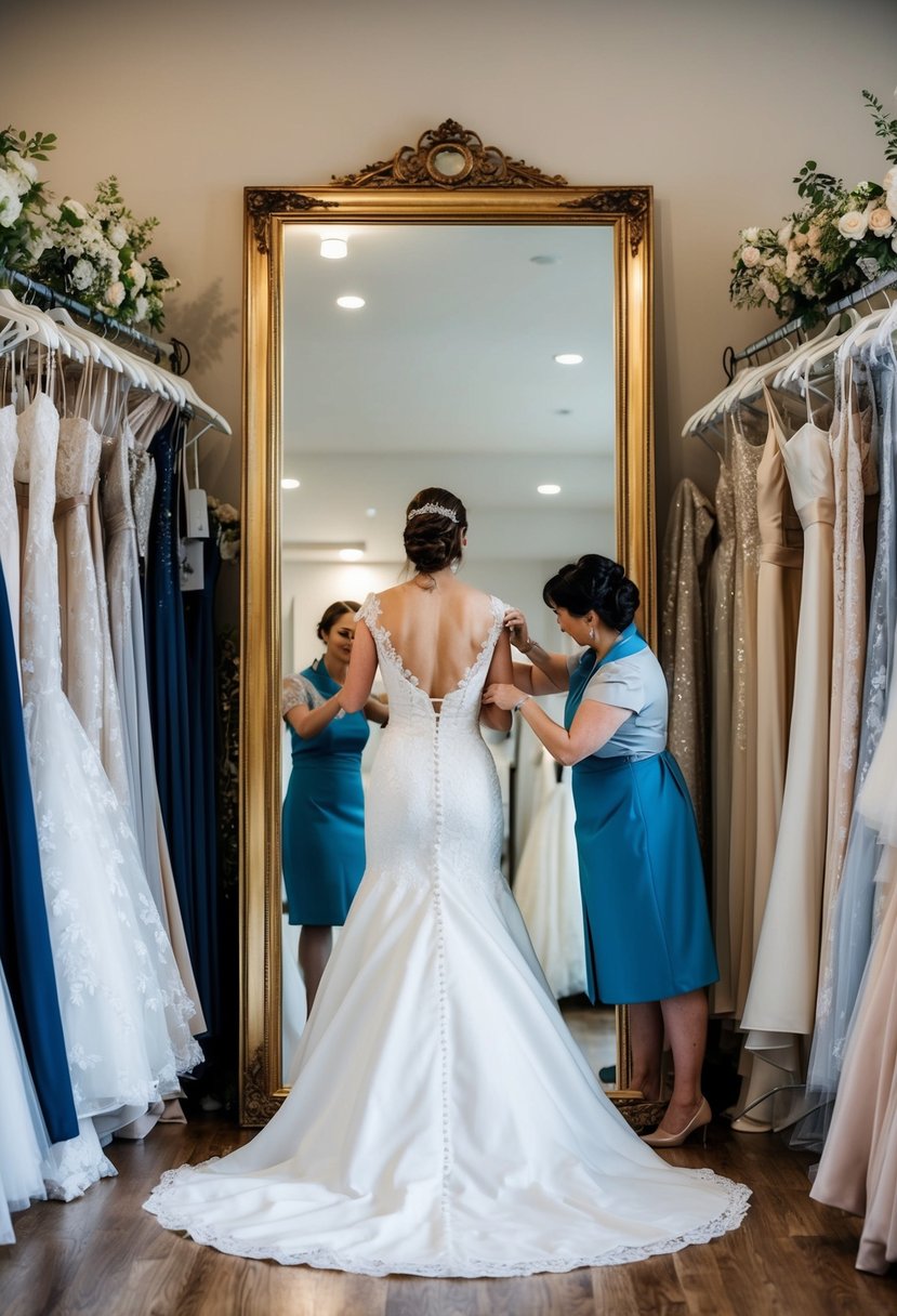 A bride standing in front of a full-length mirror, surrounded by racks of wedding dresses, while a seamstress adjusts the fit of a gown