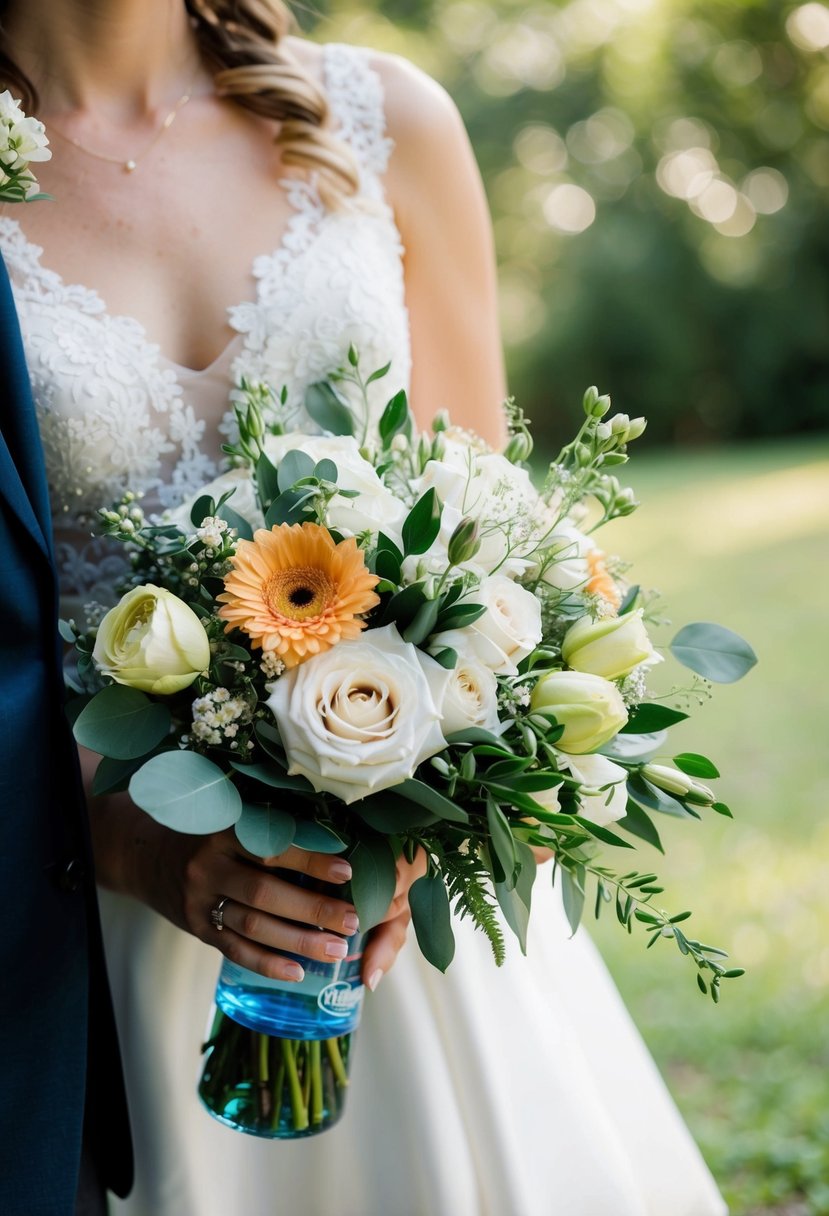 A bridal bouquet with a water bottle nestled among the flowers