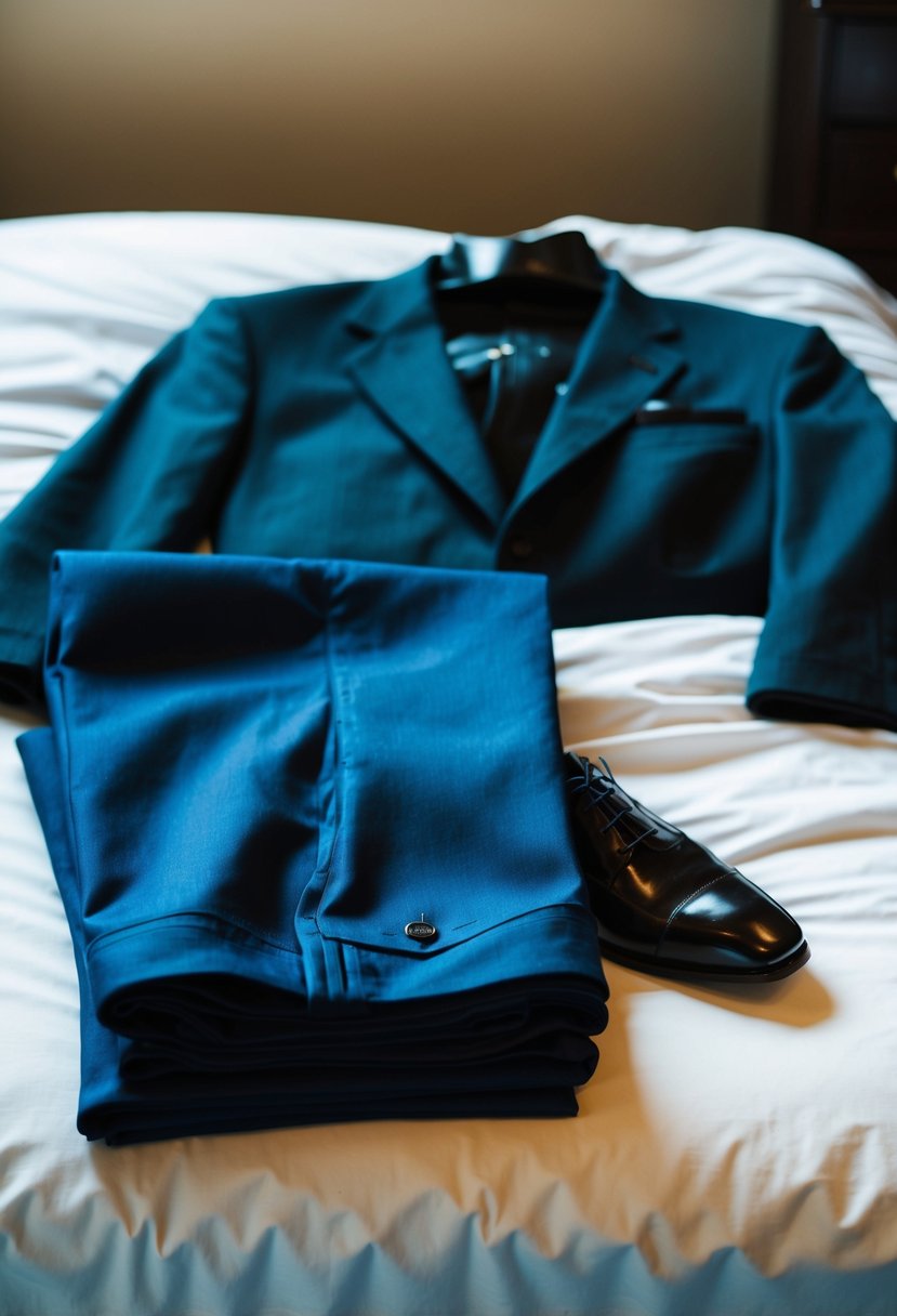 A neatly folded pair of dress pants and a blazer laid out on a bed, with a pair of polished dress shoes placed neatly beside them