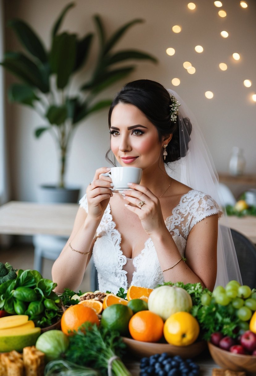 A table with a variety of fresh fruits, vegetables, and herbal teas. A bride sipping tea and avoiding salty snacks