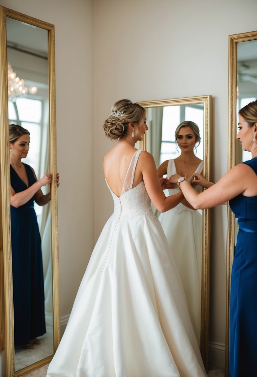 A bride-to-be tries on a wedding dress with a tailor pinning and adjusting the fit. Mirrors reflect the gown from different angles