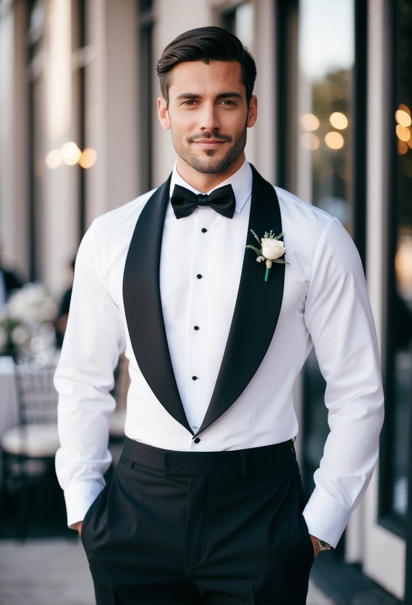 A crisp white tuxedo shirt with a black bib detail, paired with a sleek black suit and tie, exudes classic elegance for a wedding