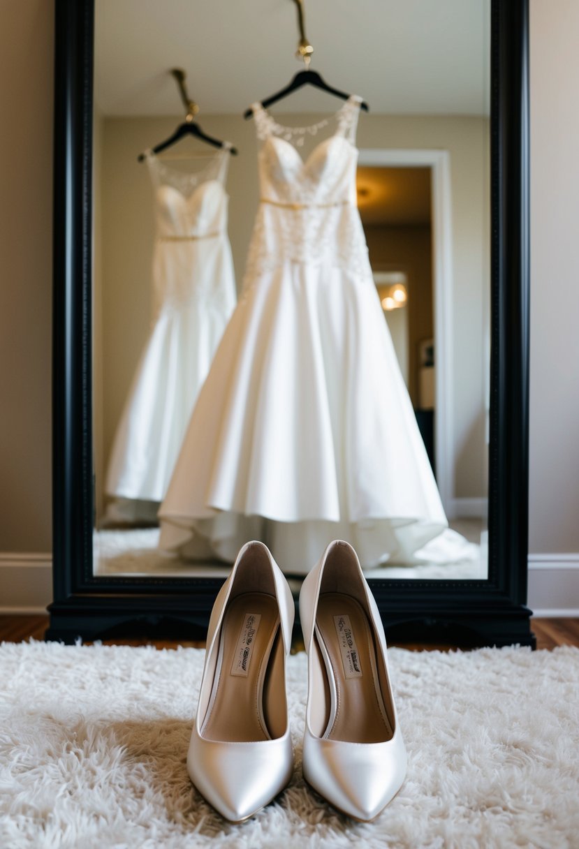 A pair of elegant bridal shoes placed on a plush white rug in front of a full-length mirror. A wedding dress hangs nearby, waiting to be tried on