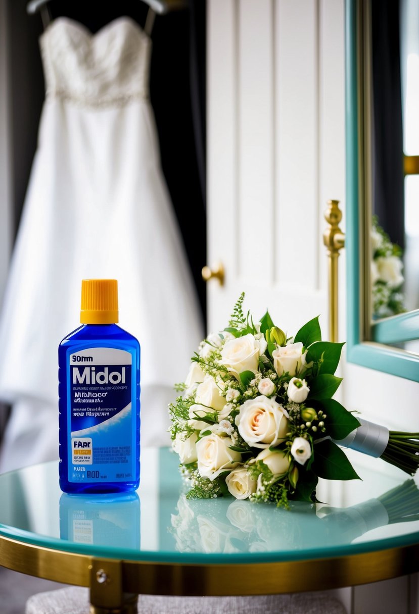 A bridal bouquet and a bottle of Midol on a dressing table, with a wedding dress hanging in the background