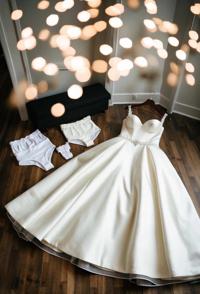 A wedding dress laid out with various undergarments nearby for fitting