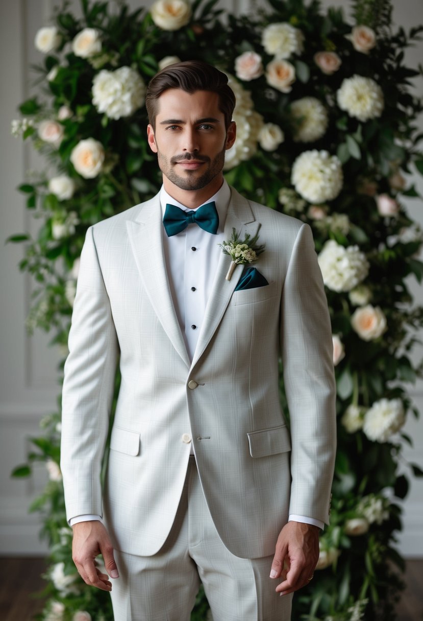 A groom in a tailored suit with subtle, elegant patterns, standing in front of a sophisticated backdrop of flowers and greenery