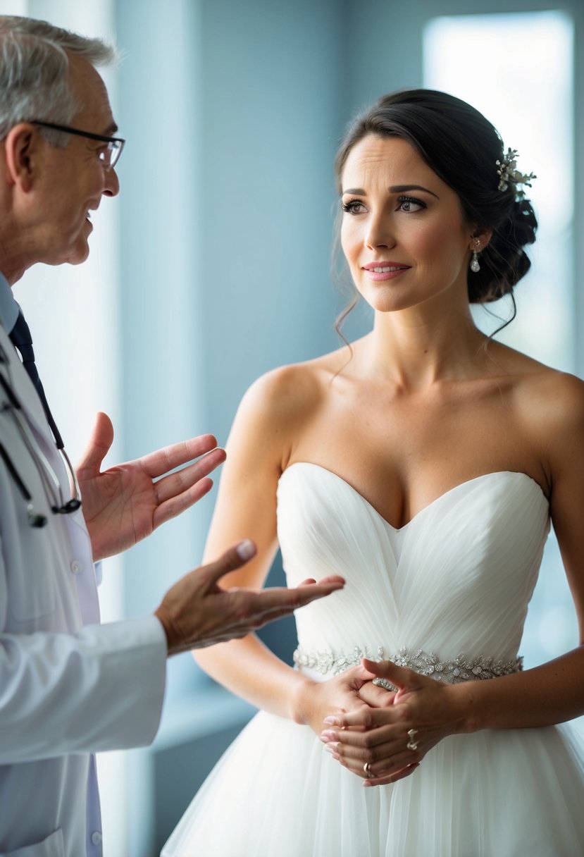 A woman in a white wedding gown holds a conversation with her doctor, who is gesturing and offering advice. She looks concerned but hopeful