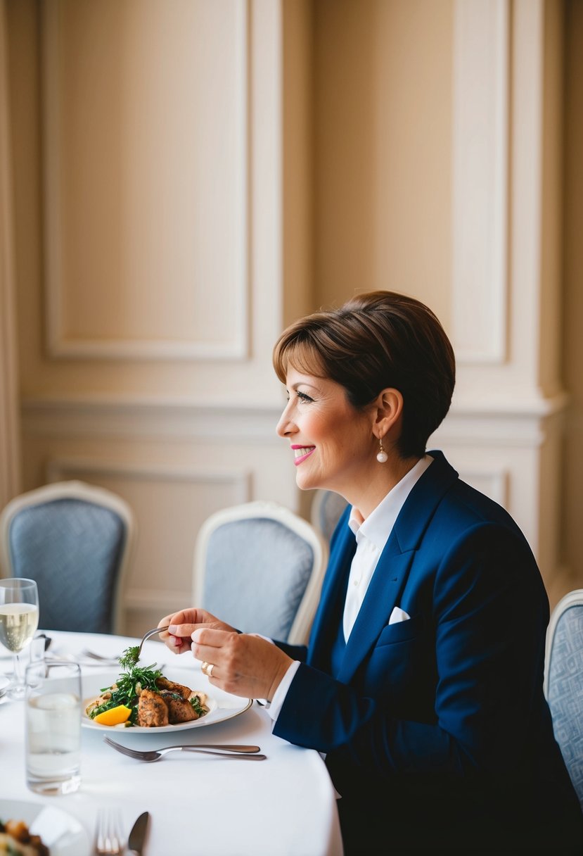 A person sitting at a table, enjoying a meal before a wedding dress fitting. The table is set with a plate of food and a glass of water