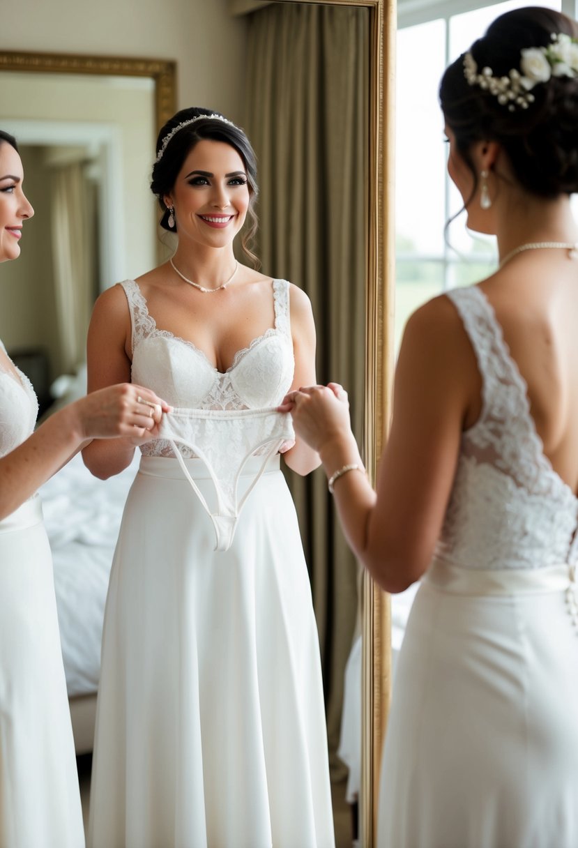 A bride standing in front of a mirror, holding a pair of high-quality period panties while getting ready for her wedding day