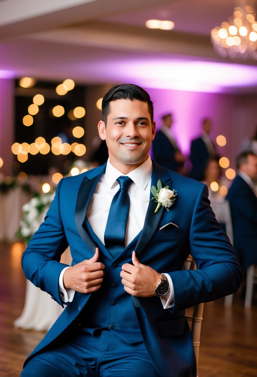 A groom sitting with his suit jacket unbuttoned at a wedding reception