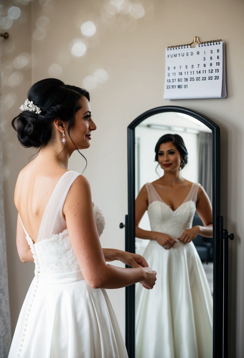 A bride standing in front of a mirror, adjusting her dress with a calm expression, while a calendar on the wall shows a marked date