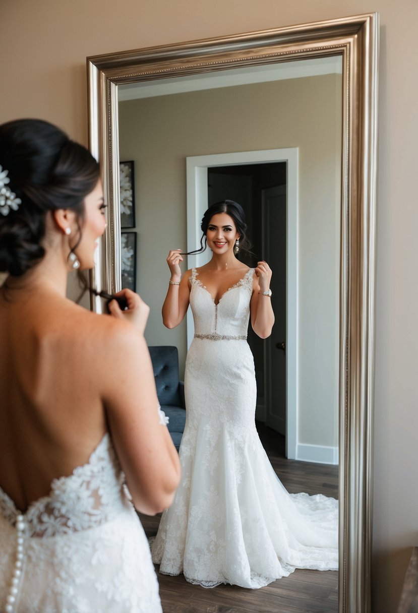 A woman standing in front of a full-length mirror, wearing a wedding dress and styling her hair and makeup similar to her wedding day look