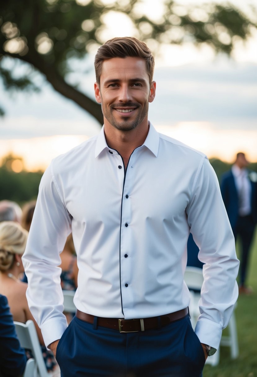 A man in a covered placket shirt at a wedding, with a modern and stylish look for the less formal event