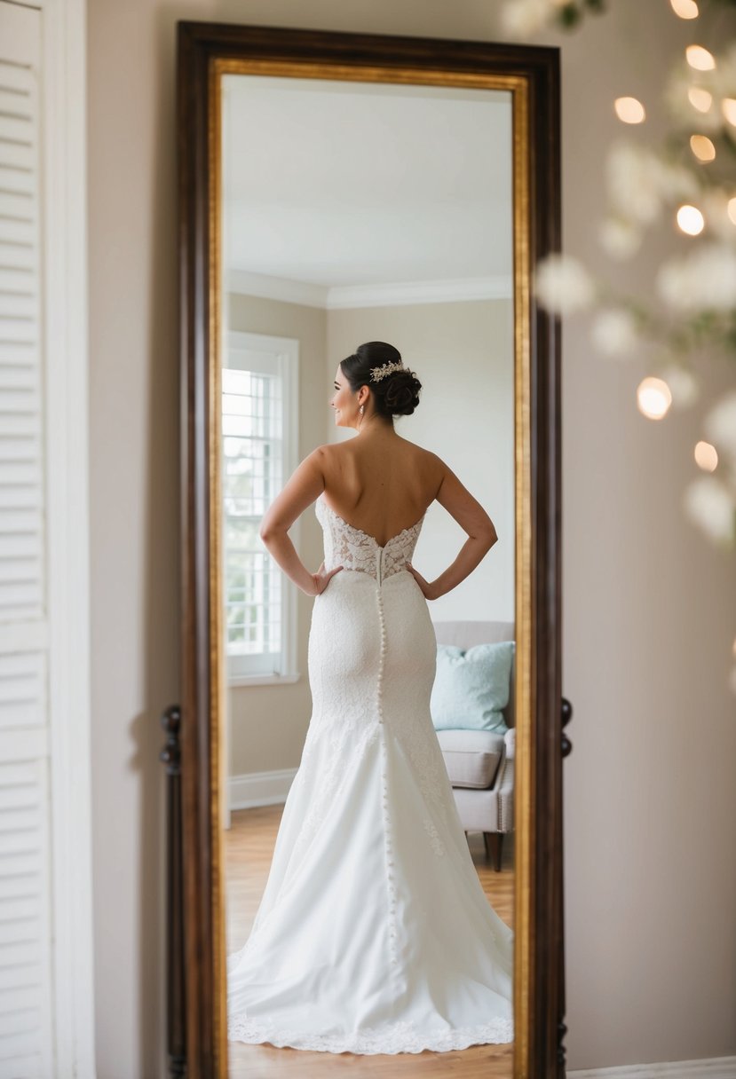 A bride stands confidently in front of a full-length mirror, admiring her reflection in a beautifully fitting wedding dress