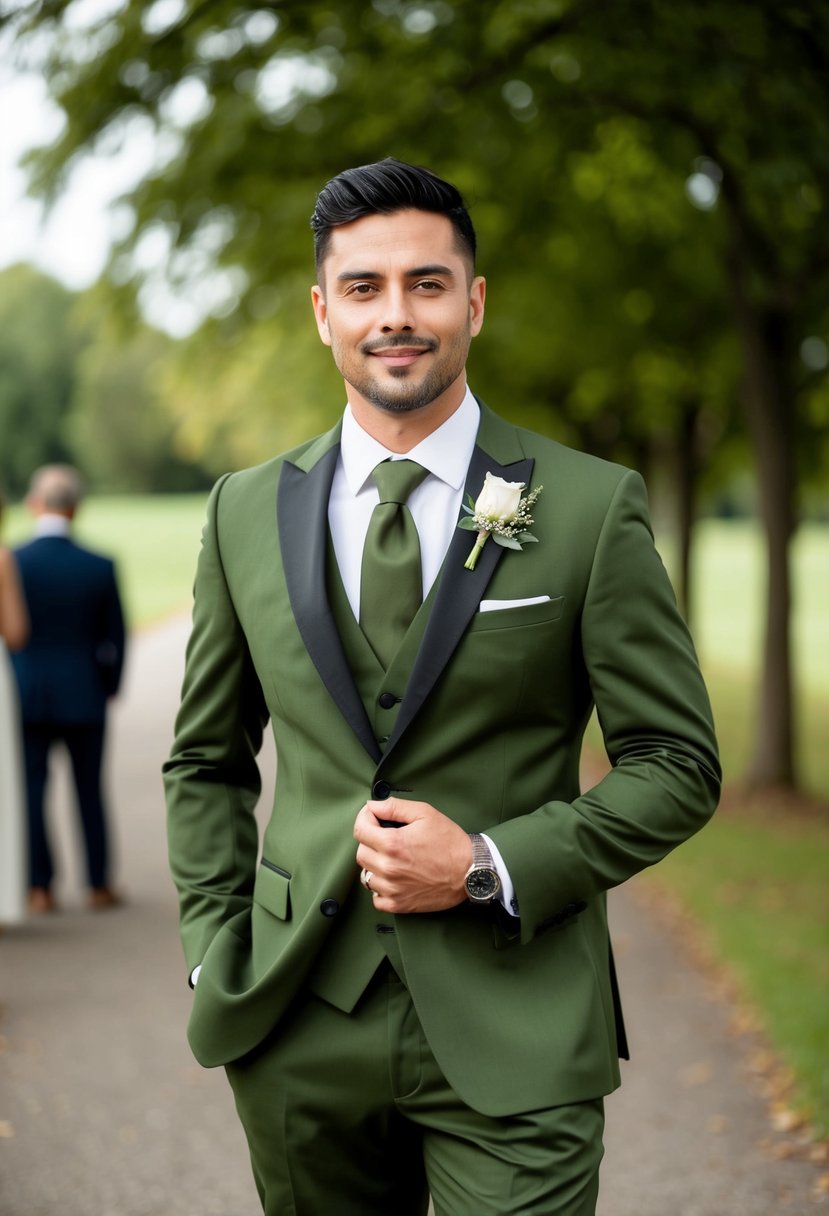 A groom in a unique olive green suit, standing confidently at a wedding