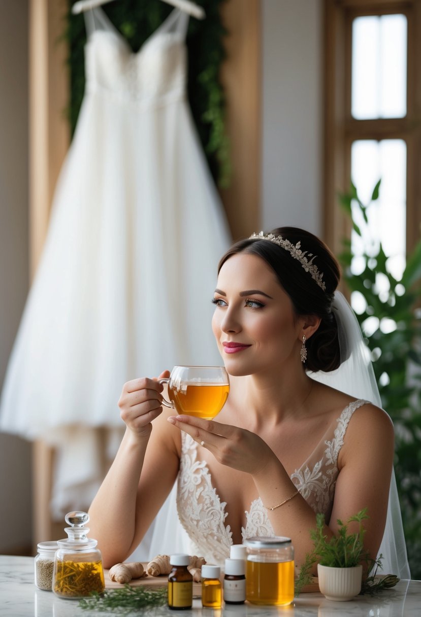 A bride sipping ginger tea with a serene expression, surrounded by calming herbal remedies and a wedding dress hanging in the background