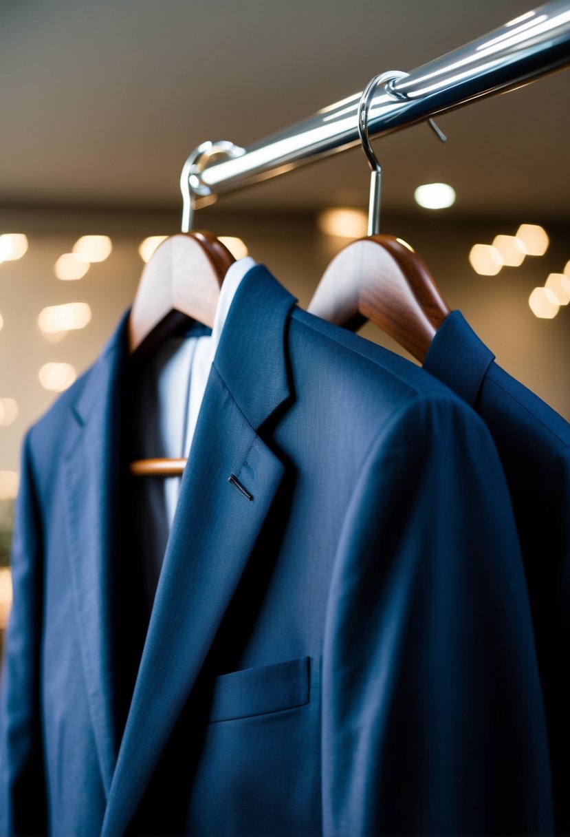 A well-tailored suit hanging on a sleek wooden hanger