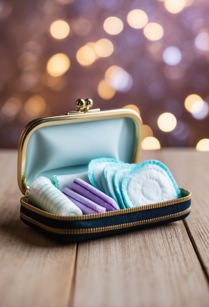 A small clutch purse open to reveal extra absorbent pads and tampons nestled inside