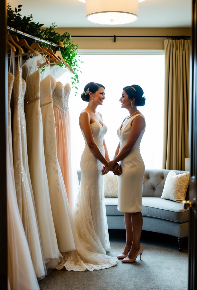 Two figures discussing wedding dress options in a cozy bridal boutique. A rack of elegant gowns and a comfortable seating area create a warm and inviting atmosphere