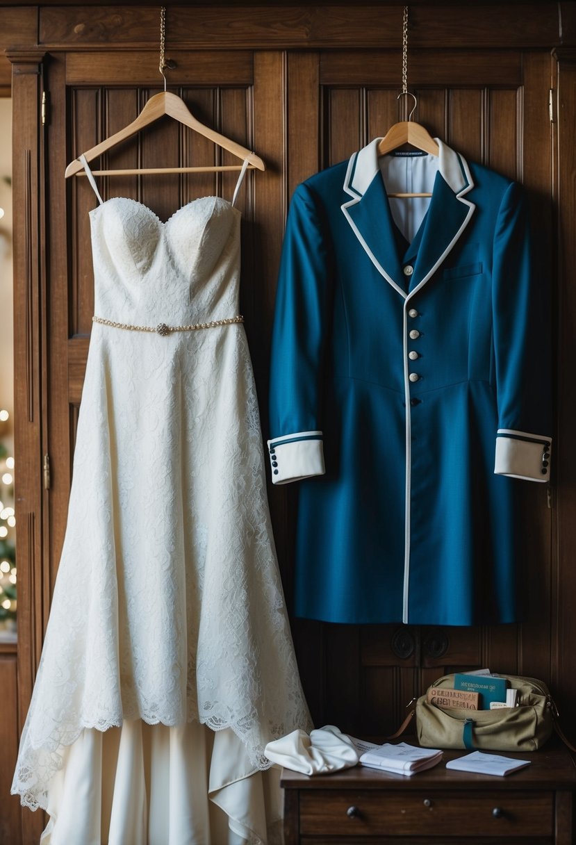 A wedding dress hanging on a hanger, with a comfortable outfit laid out next to it. A small bag with period supplies sits nearby