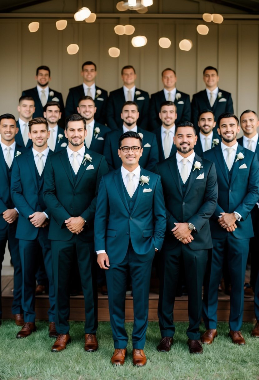 A group of dark-colored suits arranged in various styles for a wedding